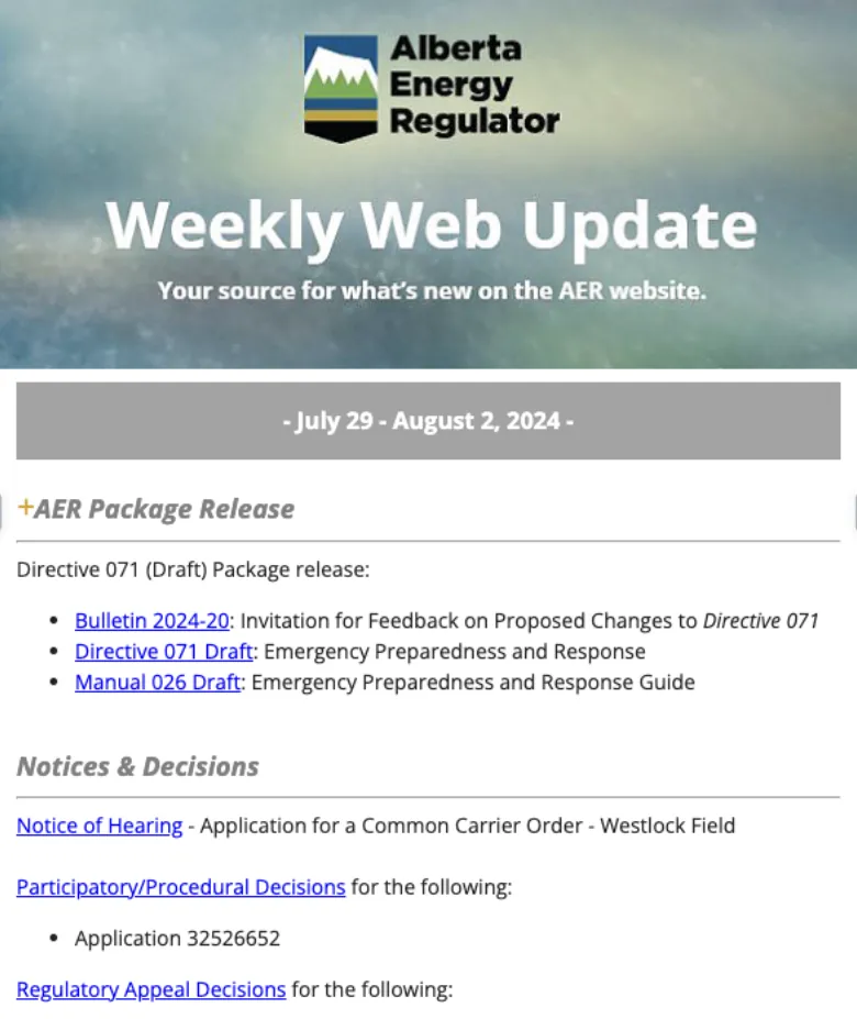 AER Weekly Web Update email