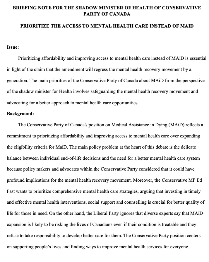 Briefing note for the Shadow Minister of Health
