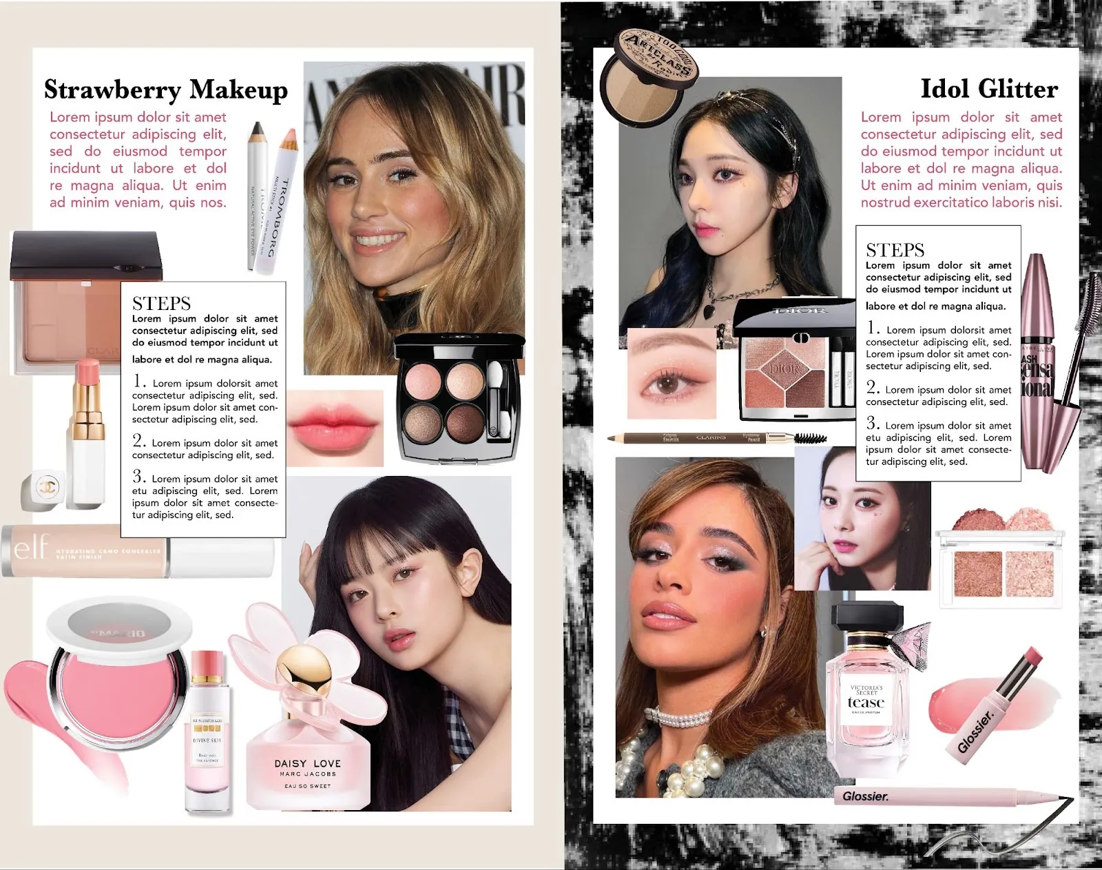 Magazine spread designed by Andrea featuring Strawberry Makeup and Idol Glitter looks