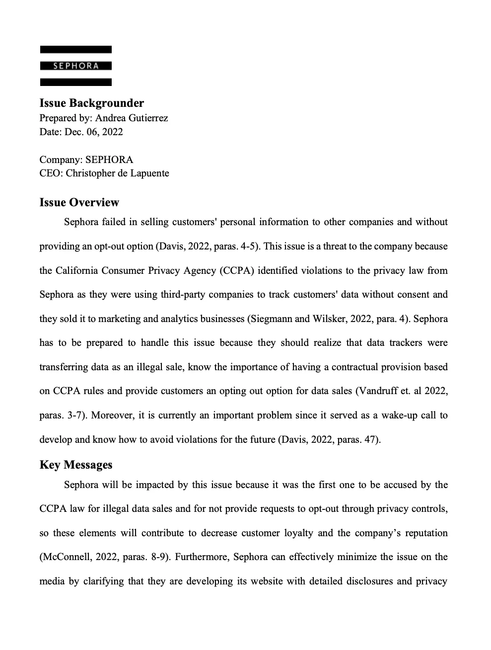 Issue Backgrounder, Financial PR - Sephora